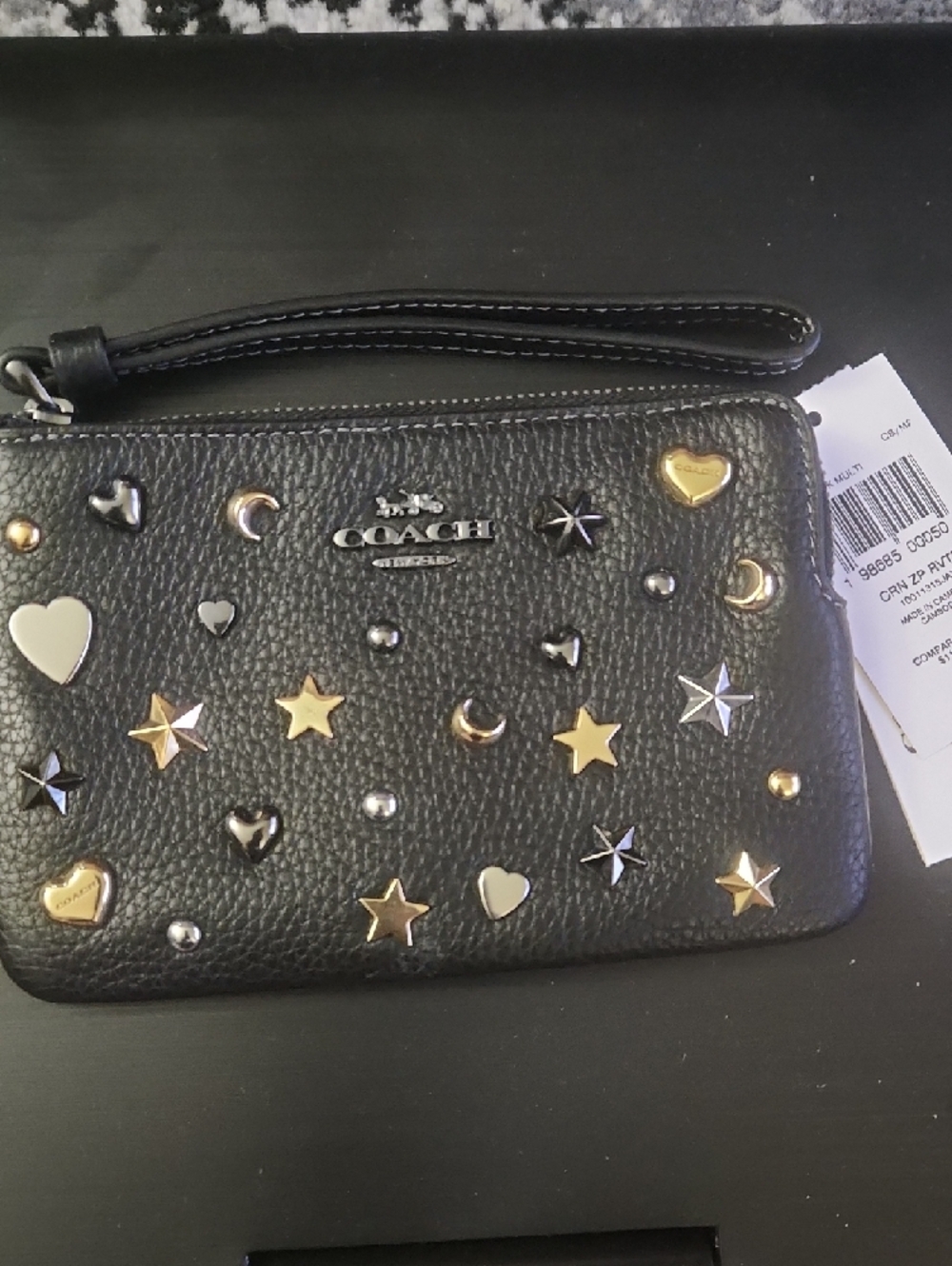 Coach Black Pebbled Leather Wristlet with Mixed Metal Star & Heart Studs